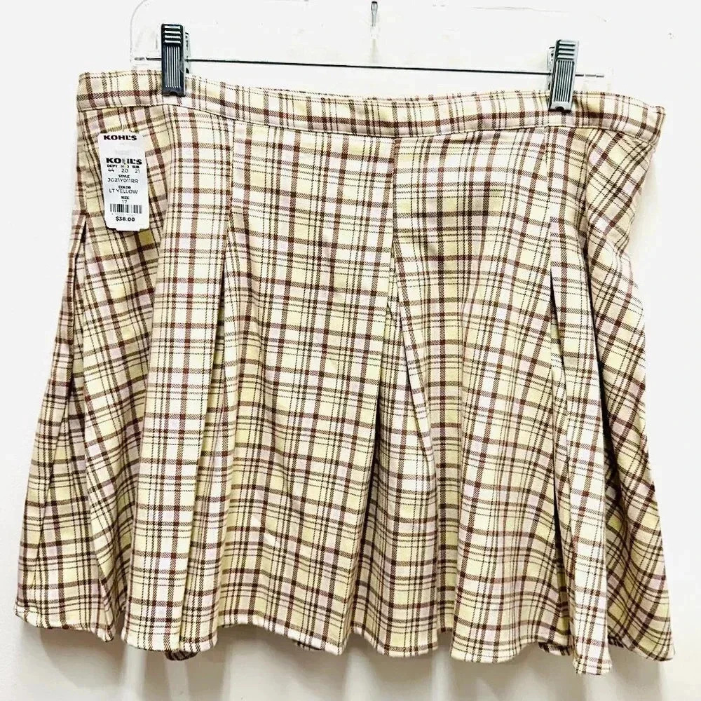 NWT GOODS FOR LIFE Juniors High Rise Plaid Yellow Brown Pleaded Skirt Size 17